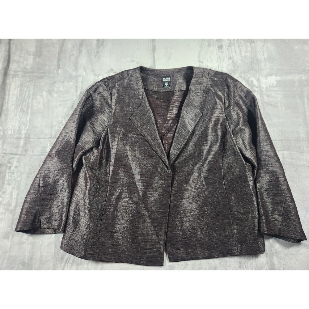 Eileen‎ Fisher Silk Blend Topper Jacket Open Front Metallic Women's L Textured